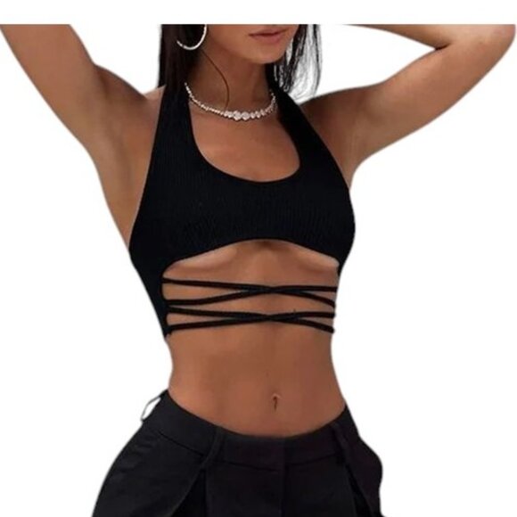 NWT Tiger Mist Black Halter Tank Bandage Top Cropped Strappy Midriff Size XS - Picture 1 of 11